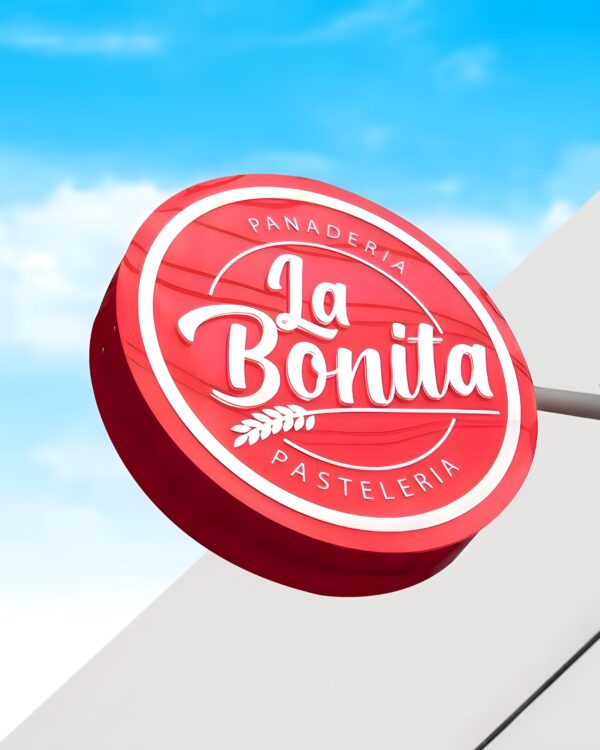 Aviso redondo en acrilico 3D para panaderia con letras acrilico plano