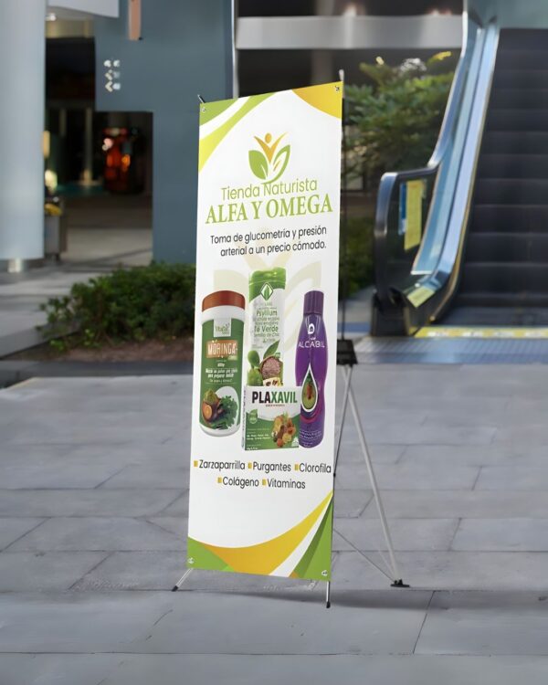 Pendon araña publicitario o x banner, estructura portatil para ferias y activaciones.
